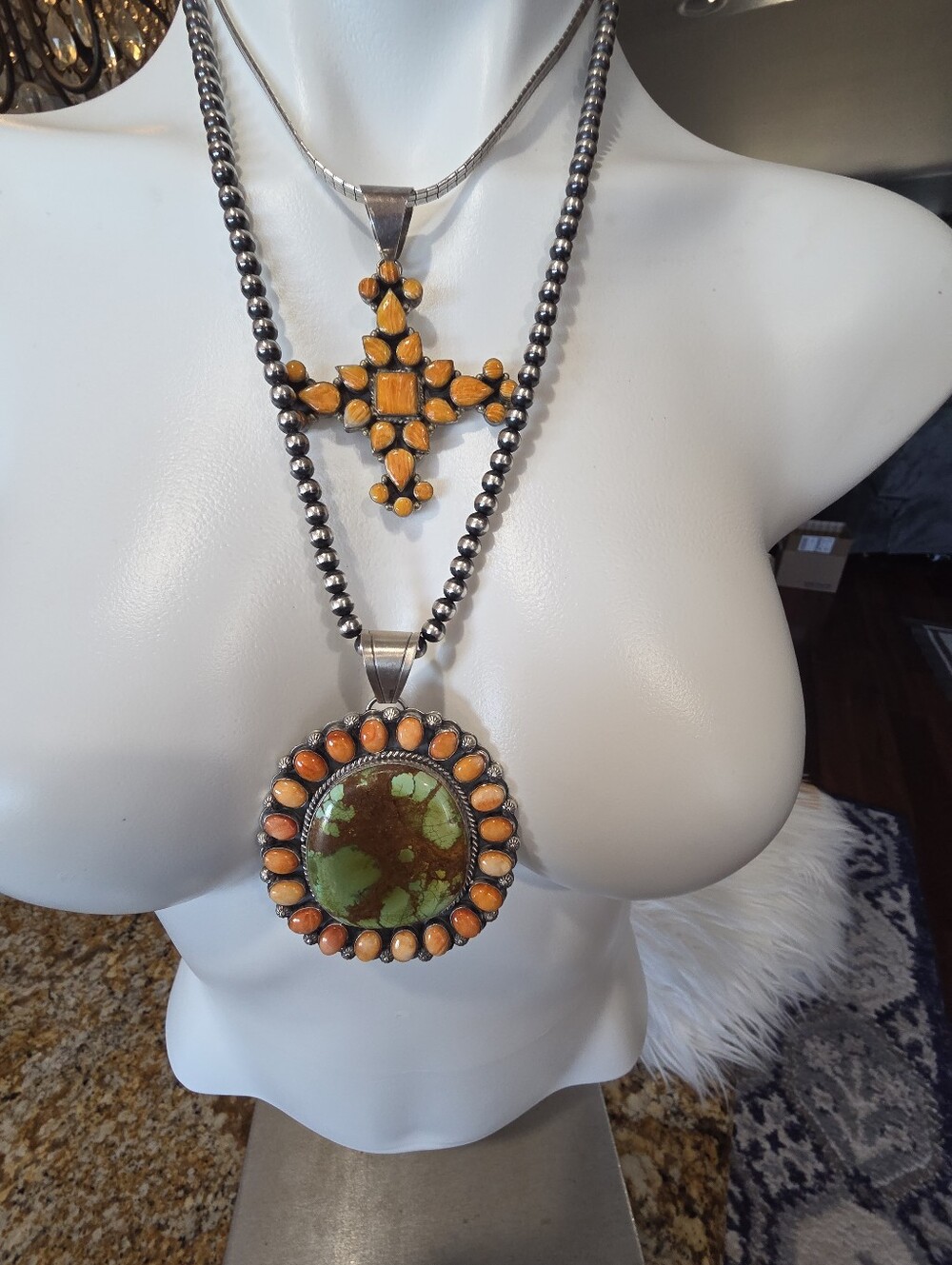 Turquoise and Orange Spiny Navajo Pendant In SS